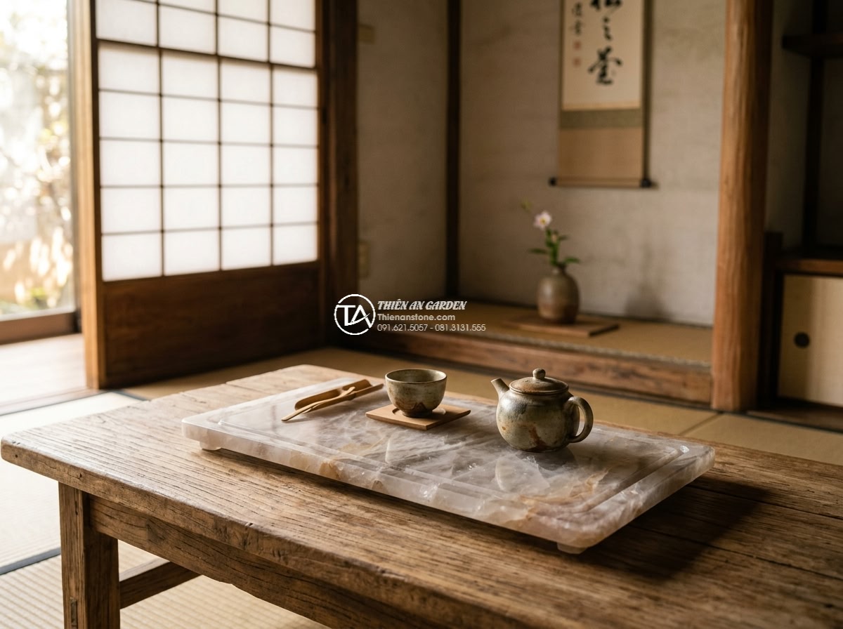 Bàn trà đá cẩm thạch - Hình 8 Bàn trà đá cẩm thạch - Serene photorealistic image of a marble tea table elegantly placed beside a larg