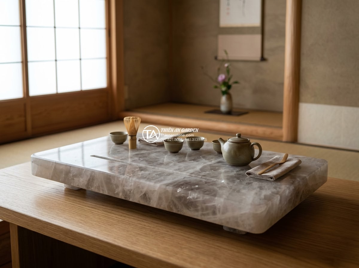 Bàn trà đá cẩm thạch - Hình 9 Bàn trà đá cẩm thạch - Luxurious photorealistic scene of a large marble tea table in the private garden