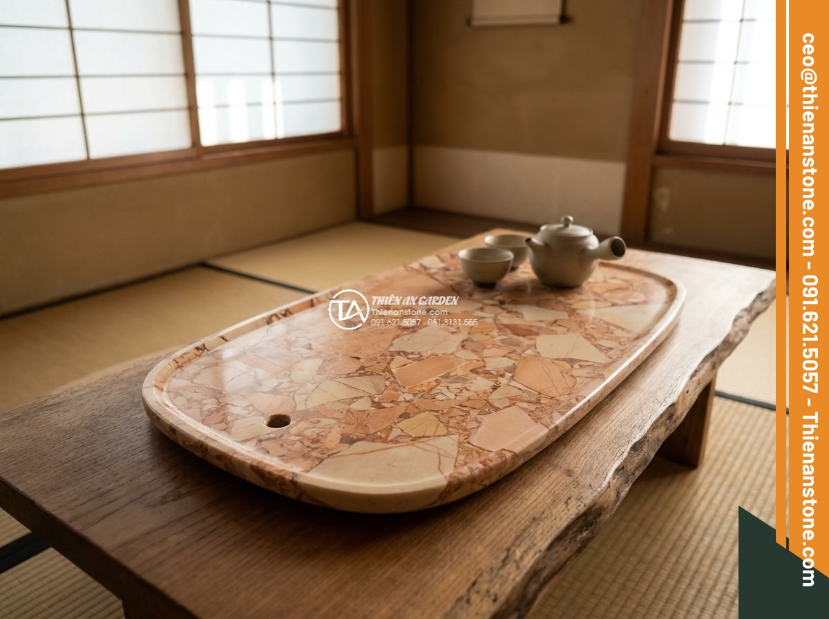 Bàn trà đá huyết long - Hình 9 Bàn trà đá huyết long - Multiple angles of blood dragon stone tea tables in different luxury settings: m