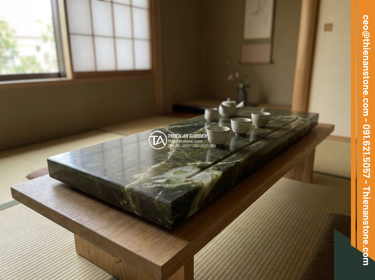Bàn trà đá ngọc Secpentine - Hình 11 Bàn trà đá ngọc Secpentine - Feng shui inspired arrangement of a Serpentine stone tea table in a harmonious V