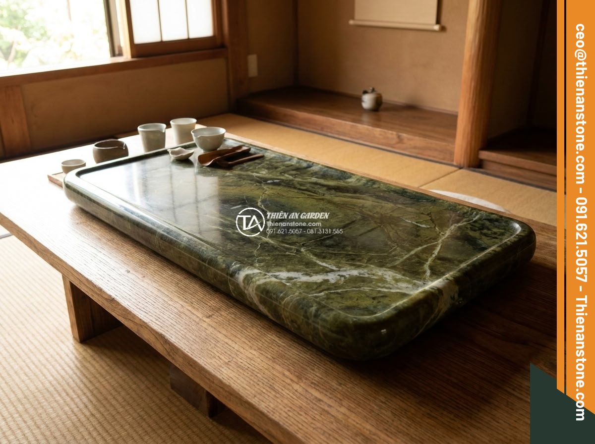Bàn trà đá ngọc Secpentine - Hình 9 Bàn trà đá ngọc Secpentine - Time-lapse style composite showing the same Serpentine stone tea table under fou