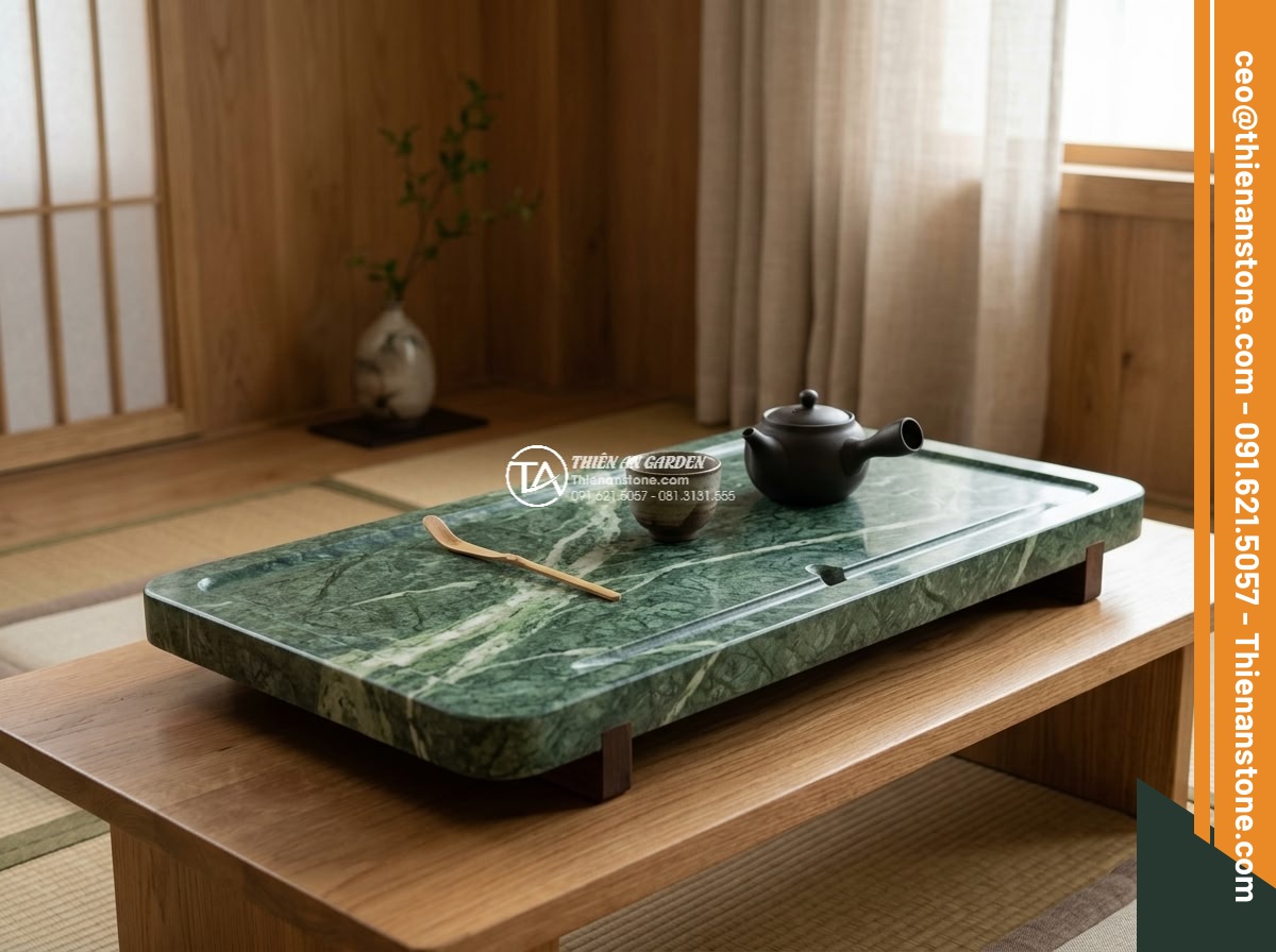 Bàn trà đá xanh Ấn - Hình 7 Bàn trà đá xanh Ấn - Serene morning scene of Indian green granite tea table in a misty Vietnamese gar