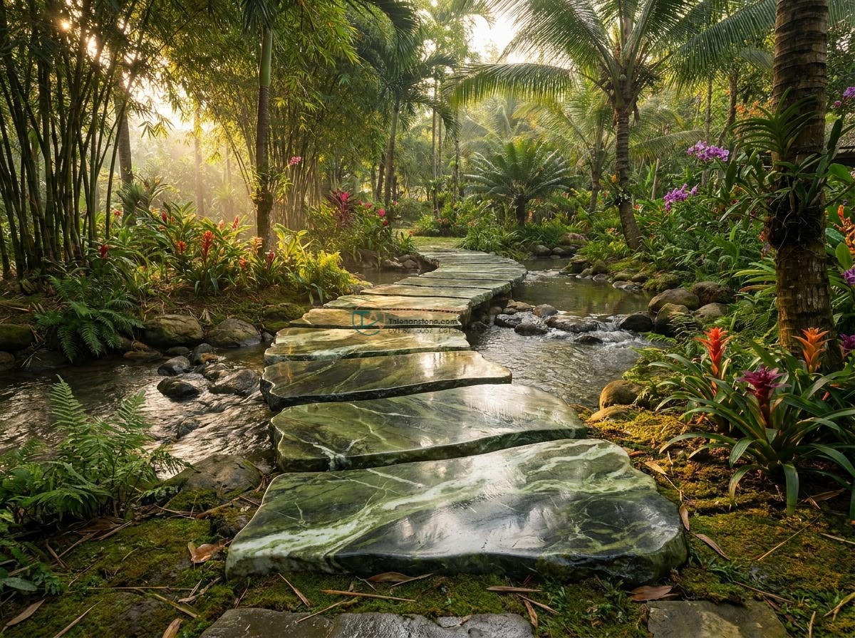 Cầu bước dạo đá Serpentine vân da rắn: 130 x 55 x 15 cm. - Hình 1 Cầu bước dạo đá Serpentine vân da rắn: 130 x 55 x 15 cm. - Elegant long stepping stone bridge made of green Serpentine stone with prominent
