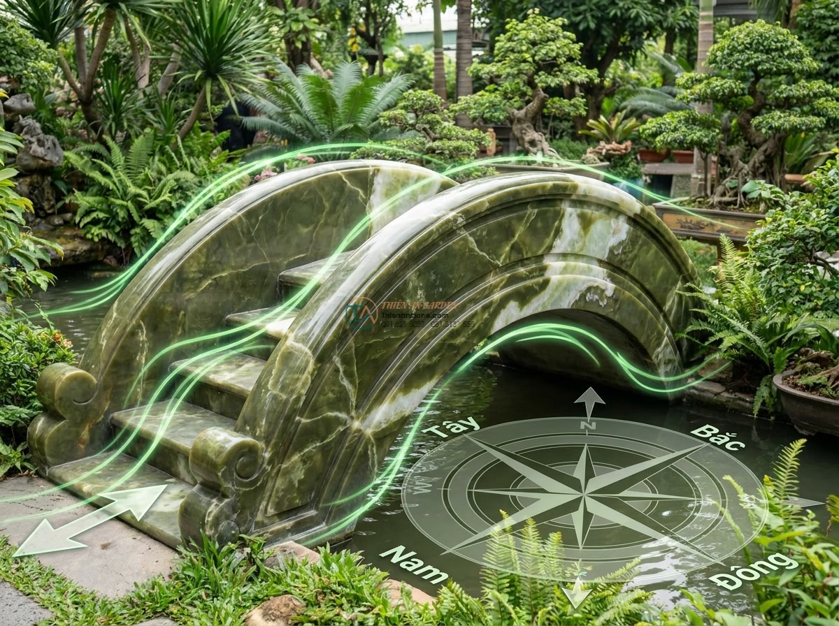 Cầu bước dạo đá Serpentine vân da rắn: 130 x 55 x 15 cm. - Hình 13 Cầu bước dạo đá Serpentine vân da rắn: 130 x 55 x 15 cm. - Symbolic image of the Serpentine stone bridge in a feng shui optimized garden, w