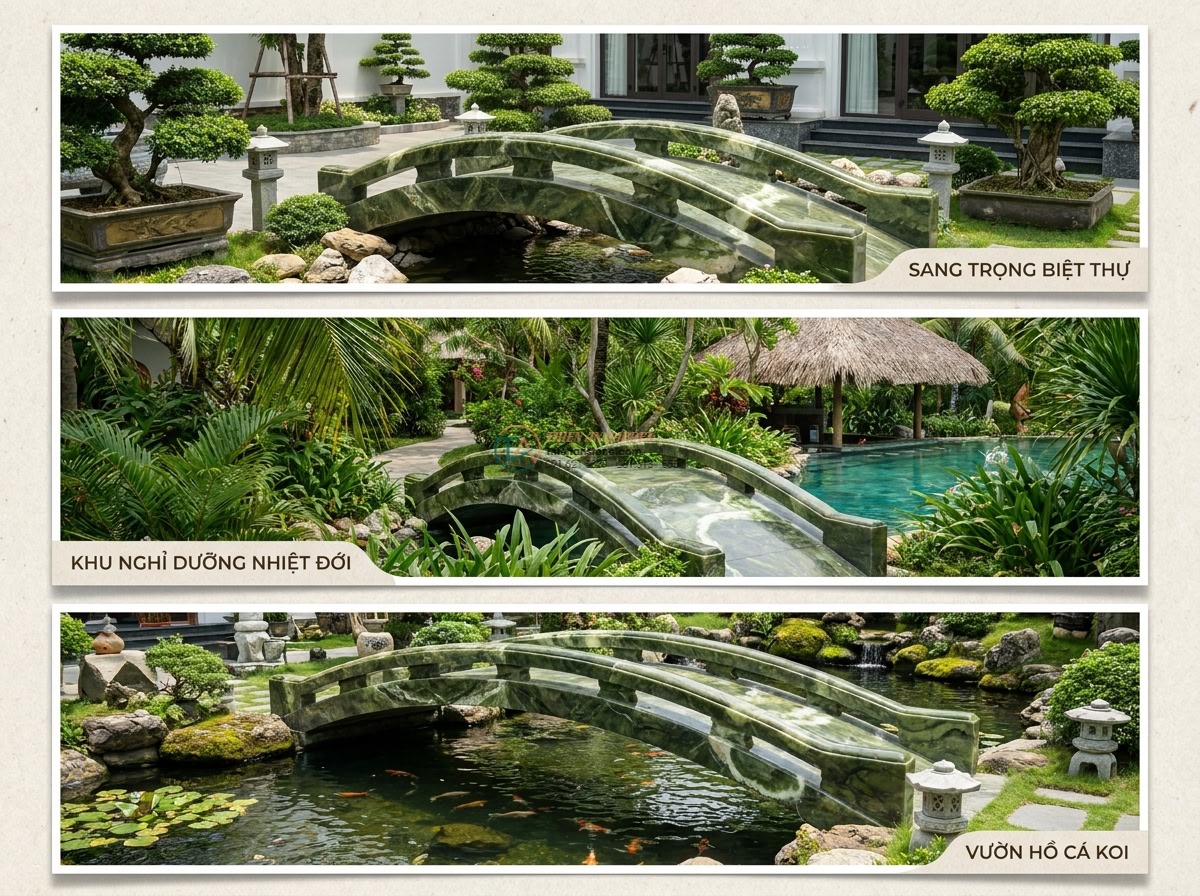 Cầu bước dạo đá Serpentine vân da rắn: 130 x 55 x 15 cm. - Hình 16 Cầu bước dạo đá Serpentine vân da rắn: 130 x 55 x 15 cm. - Collage of three images showing the Serpentine stone bridge in different setting