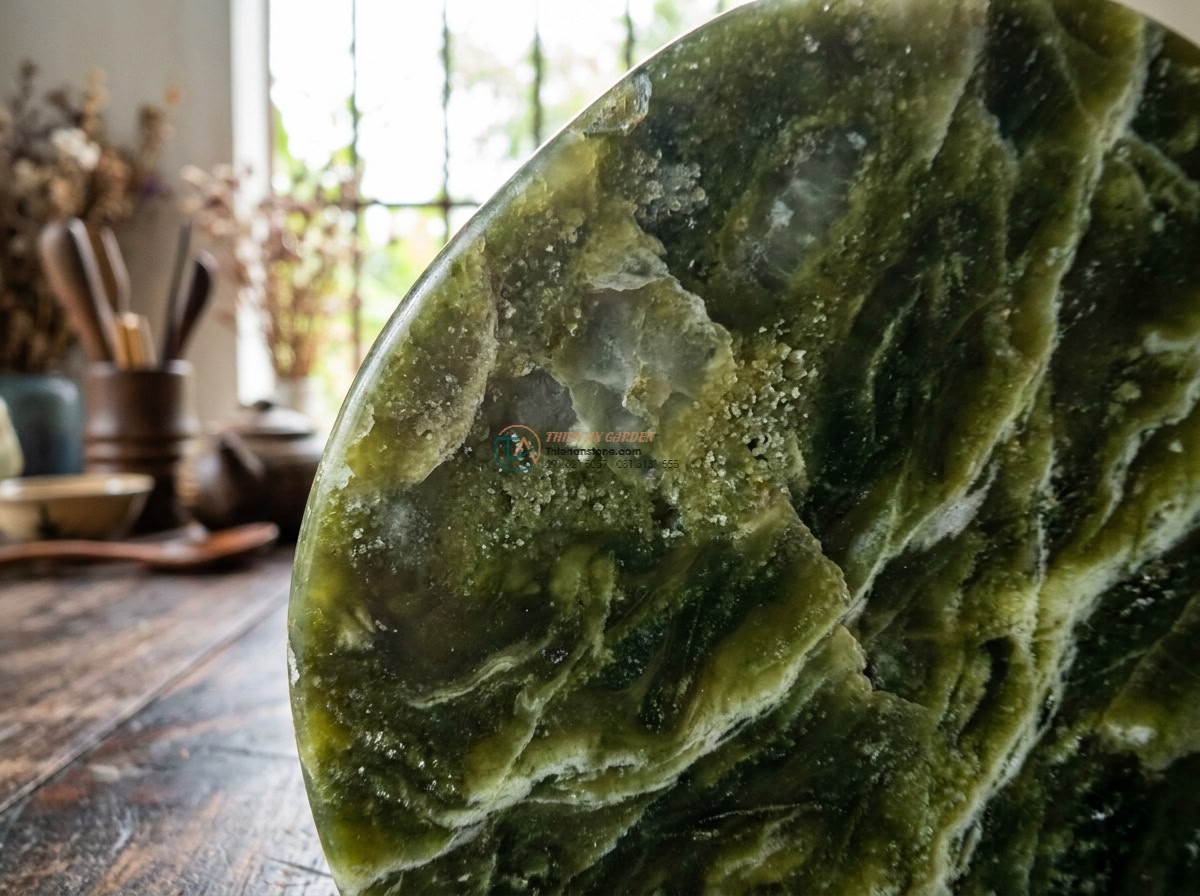 Cầu bước dạo đá Serpentine vân da rắn: 130 x 55 x 15 cm. - Hình 7 Cầu bước dạo đá Serpentine vân da rắn: 130 x 55 x 15 cm. - Extreme close-up macro photography of the Serpentine stone's snake skin veining,