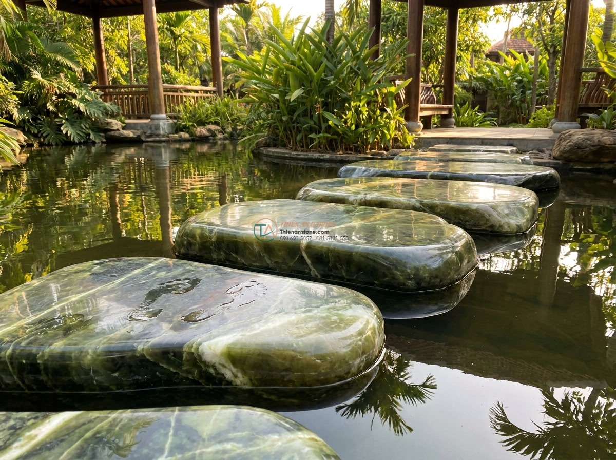Cầu bước dạo đá Serpentine vân da rắn: 130 x 55 x 15 cm. - Hình 8 Cầu bước dạo đá Serpentine vân da rắn: 130 x 55 x 15 cm. - High resolution image of the Serpentine stepping bridge in use, with a person wa