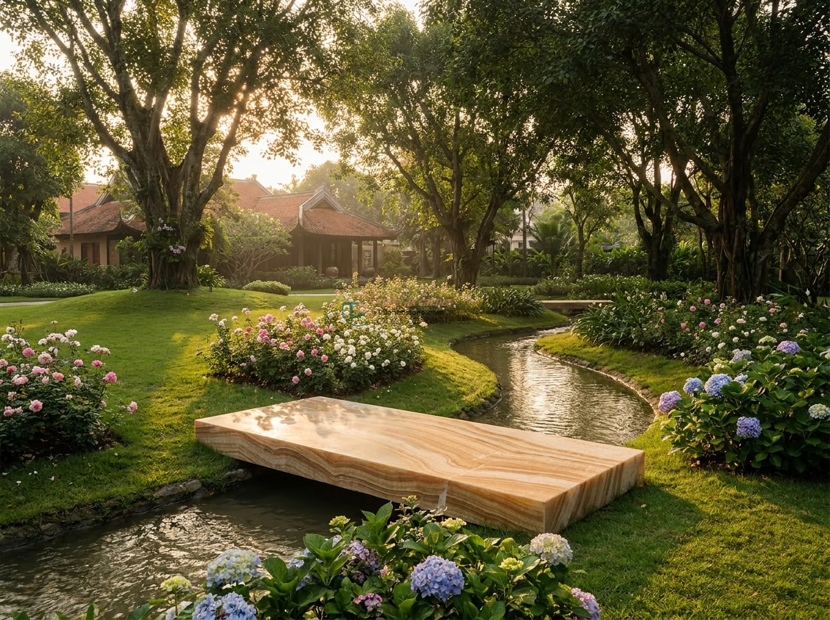 Cầu bước dạo đá vàng vân gỗ mài mờ: 120 x 50 x 12 cm.