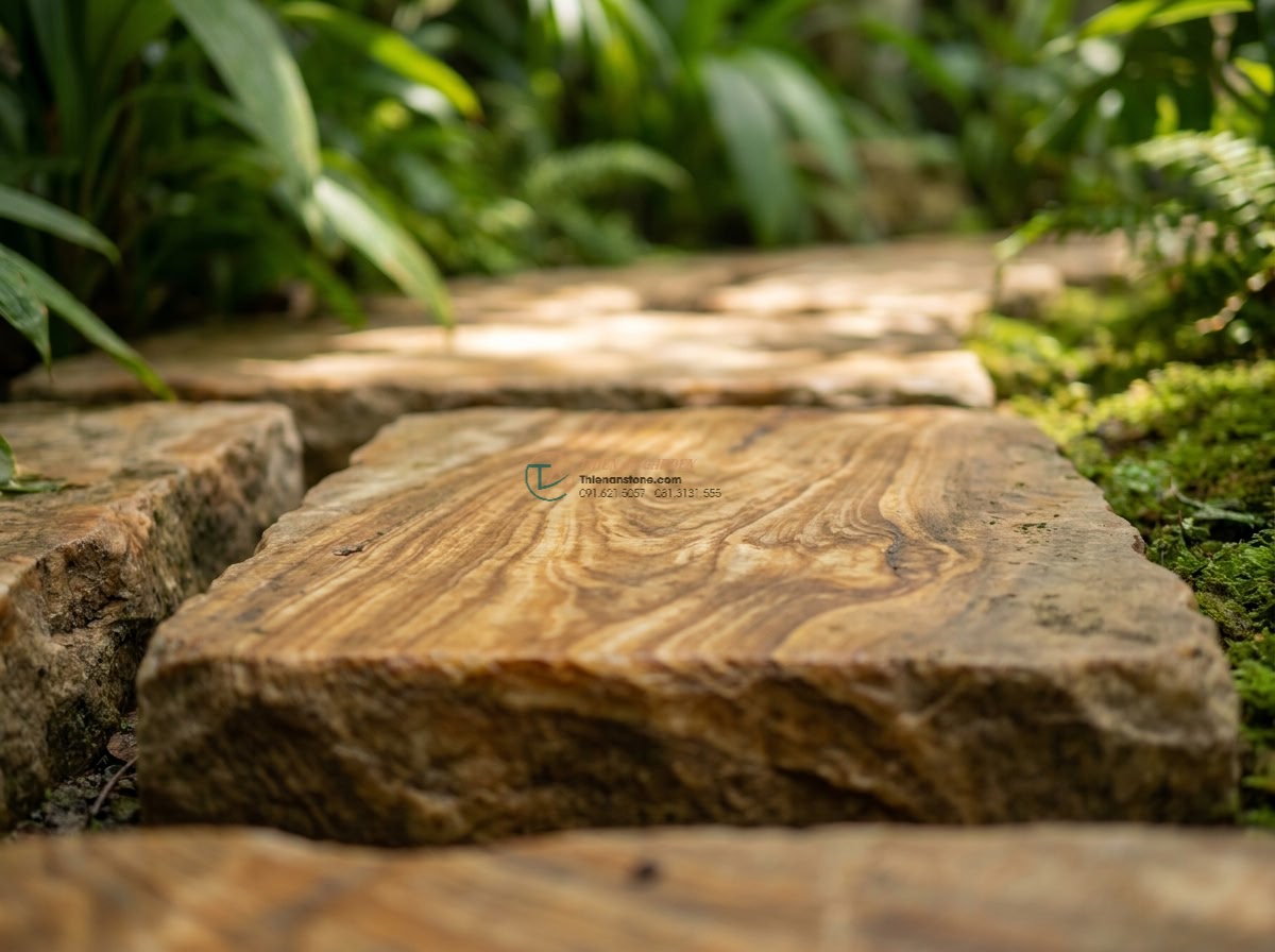 Cầu bước dạo đá vàng vân gỗ mài mờ: 120 x 50 x 12 cm. - Hình 2 Cầu bước dạo đá vàng vân gỗ mài mờ: 120 x 50 x 12 cm. - Close-up cinematic detail shot of the yellow natural stone stepping bridge surfa