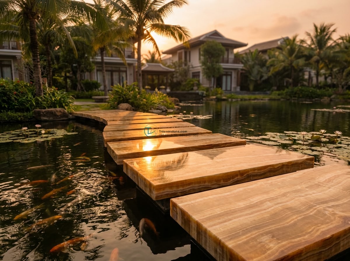 Cầu bước dạo đá vàng vân gỗ mài mờ: 120 x 50 x 12 cm. - Hình 4 Cầu bước dạo đá vàng vân gỗ mài mờ: 120 x 50 x 12 cm. - Golden hour cinematic wide shot of the yellow stone stepping bridge in a luxury