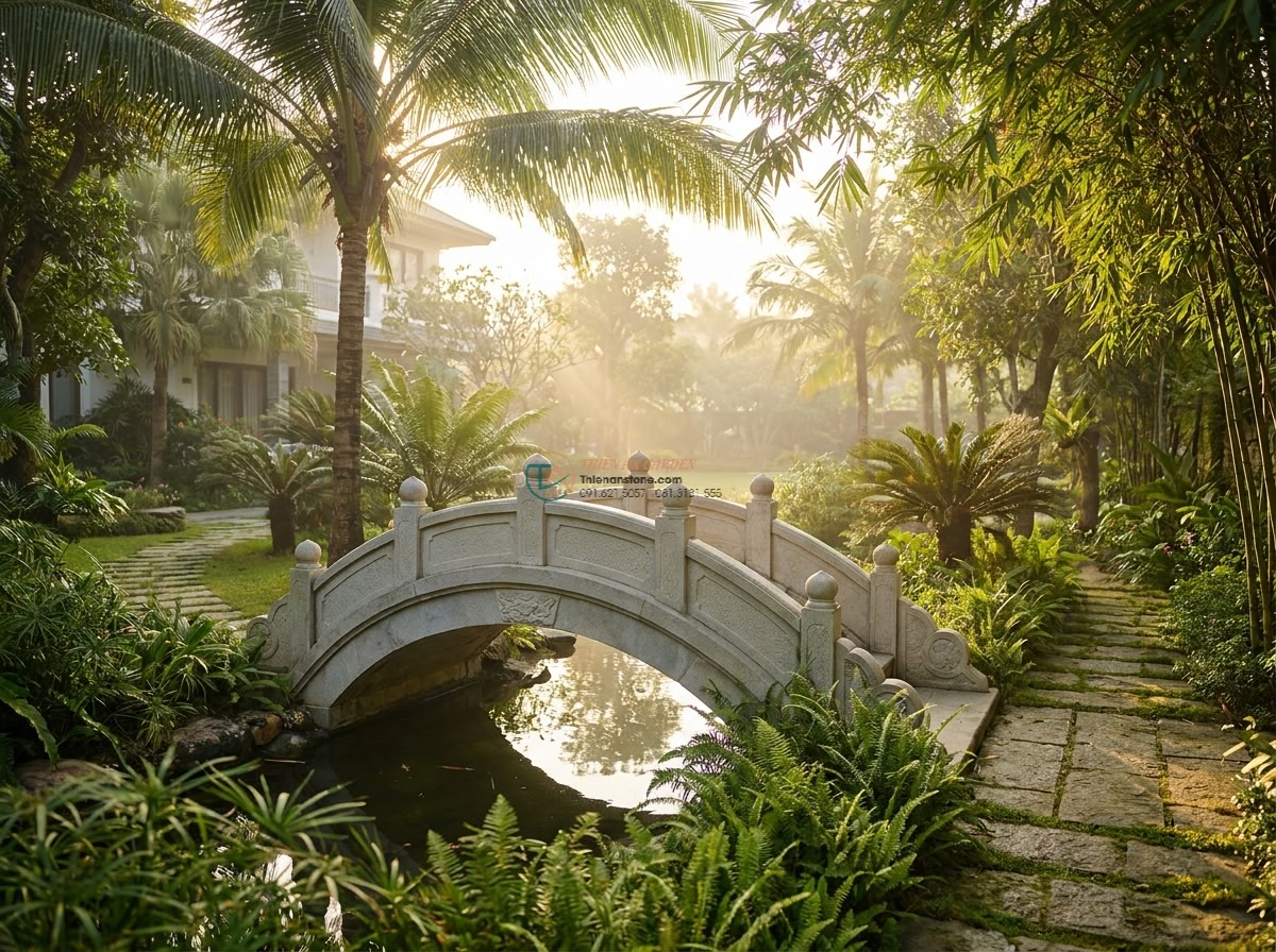 Cầu cổ đá sa thạch vàng chạm khắc hoa văn Zen: 170 x 70 x 15 cm.