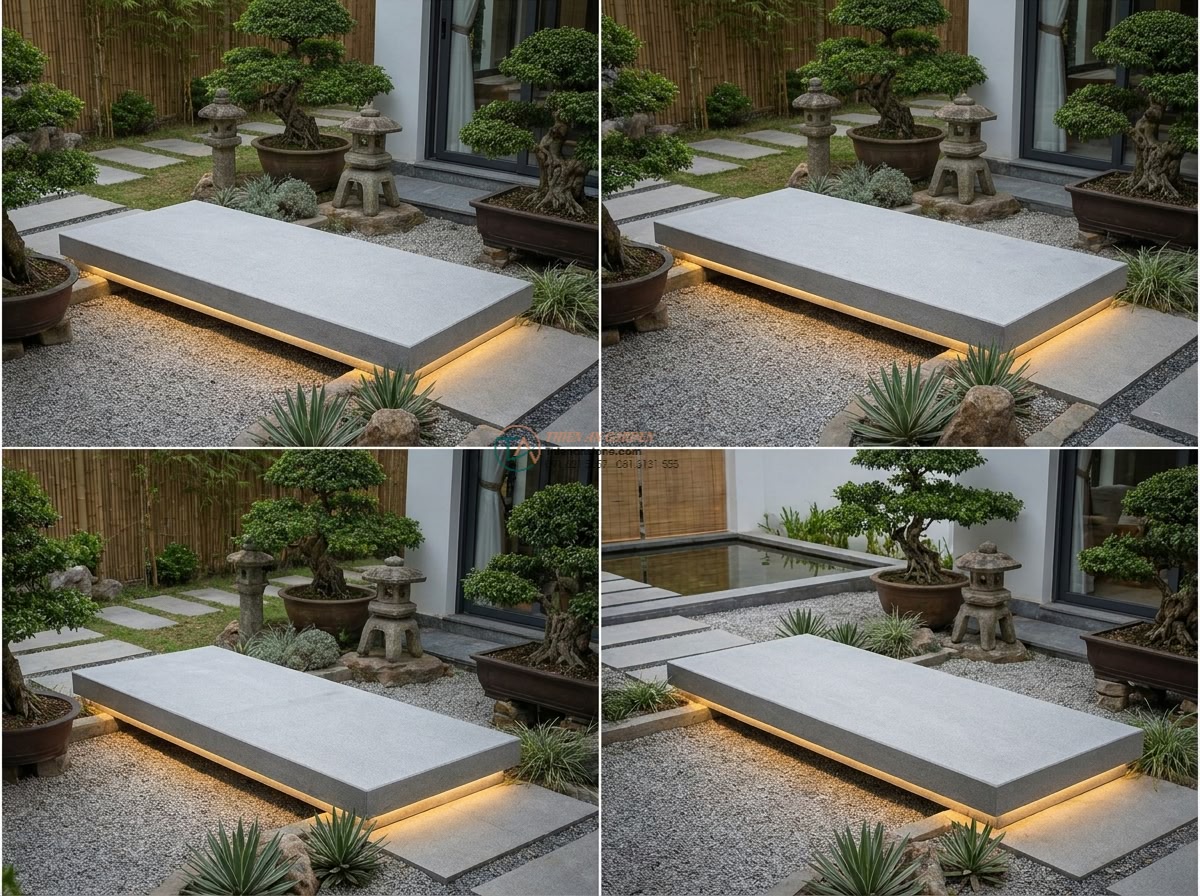 Cầu cổ đá sa thạch vàng chạm khắc hoa văn Zen: 170 x 70 x 15 cm. - Hình 6 Cầu cổ đá sa thạch vàng chạm khắc hoa văn Zen: 170 x 70 x 15 cm. - Multiple angle professional installation shots of the perfectly proportioned 170