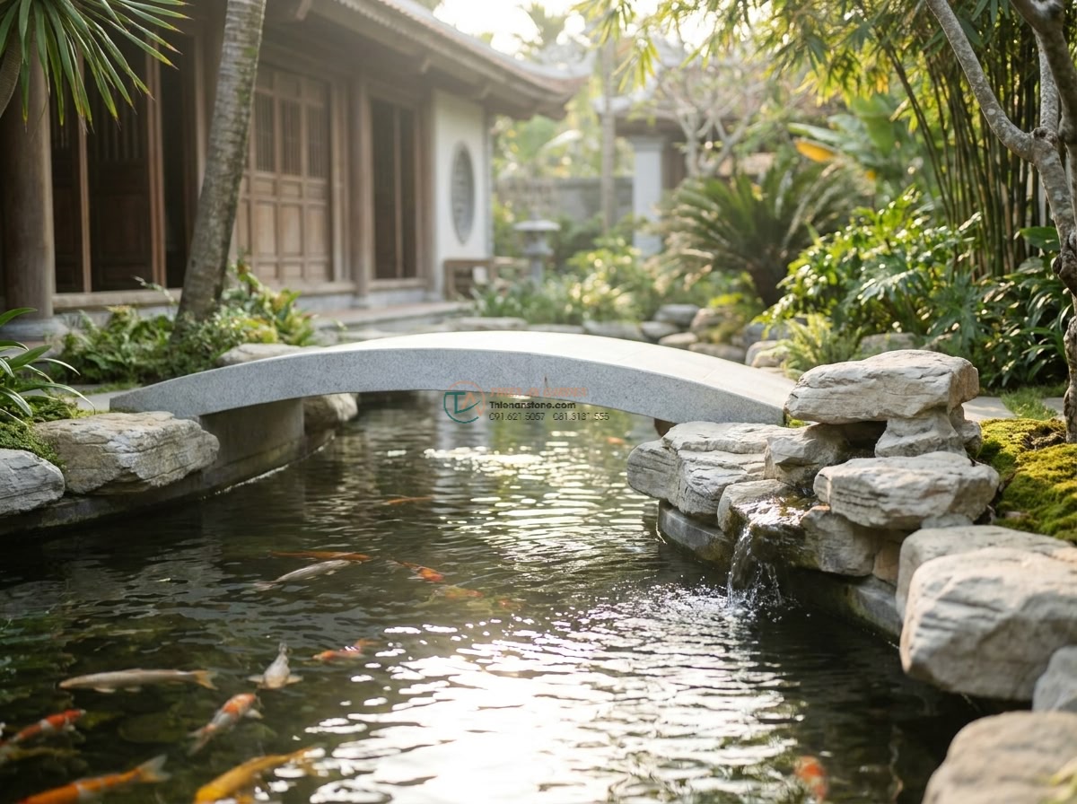 Cầu cổ đá sa thạch vàng chạm khắc hoa văn Zen: 170 x 70 x 15 cm. - Hình 7 Cầu cổ đá sa thạch vàng chạm khắc hoa văn Zen: 170 x 70 x 15 cm. - Serene feng shui optimized placement of the yellow sandstone Zen bridge beside a
