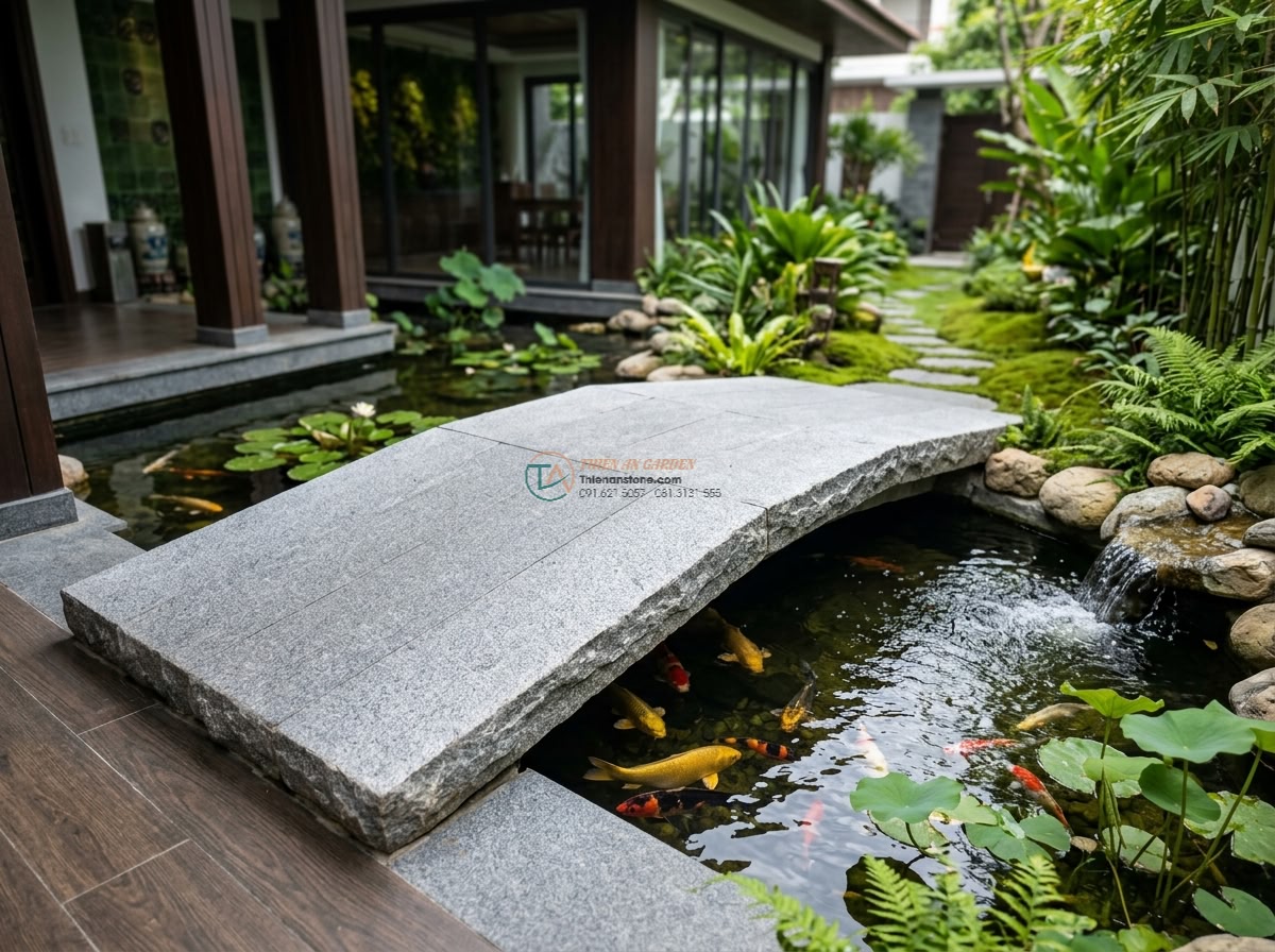 Cầu đá Granite trắng muối tiêu dáng thanh thoát: 180 x 70 x 15 cm.