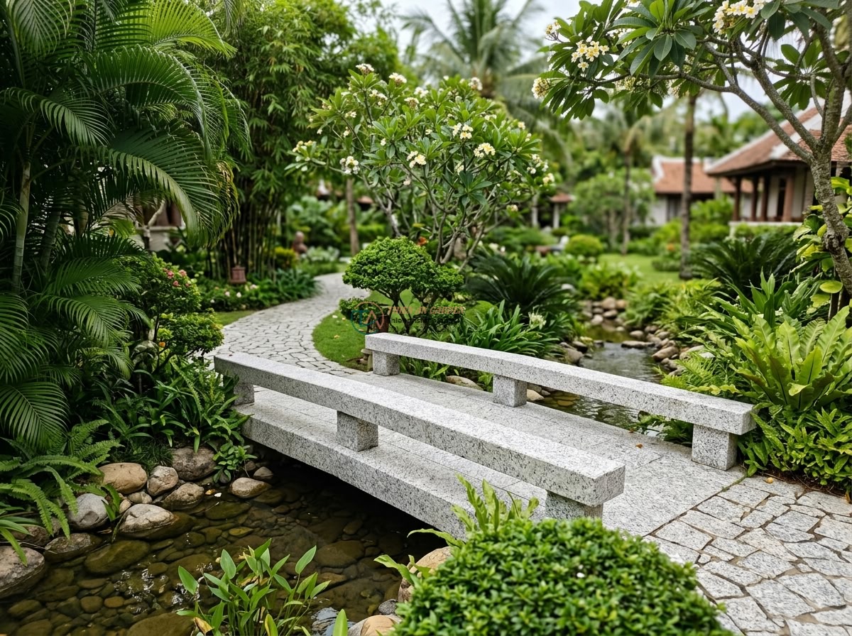 Cầu đá Granite trắng muối tiêu dáng thanh thoát: 180 x 70 x 15 cm.
