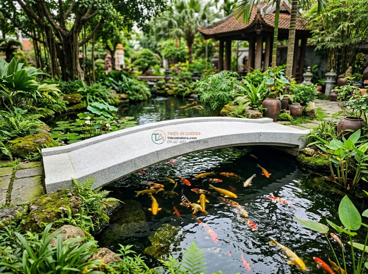Cầu đá Granite trắng muối tiêu dáng thanh thoát: 180 x 70 x 15 cm.