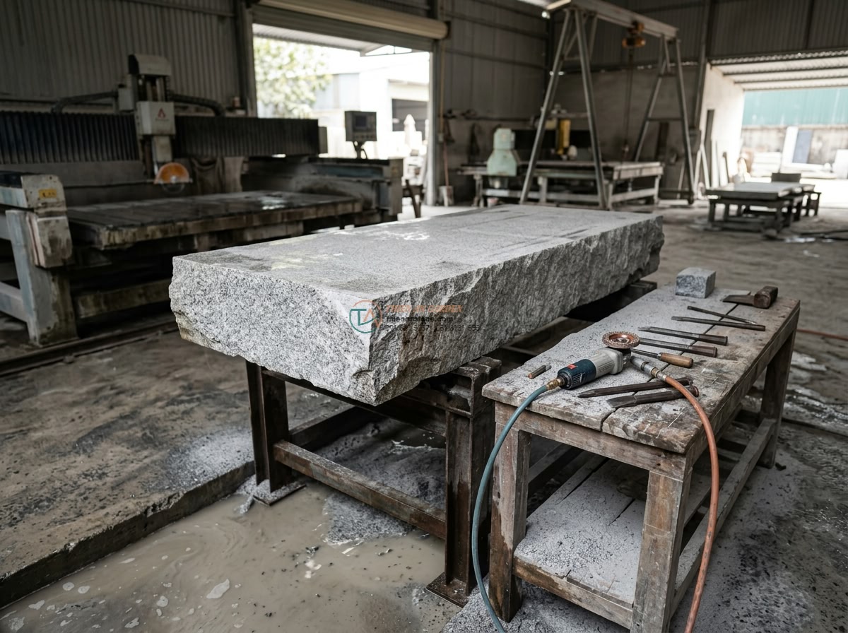 Cầu đá Granite trắng muối tiêu dáng thanh thoát: 180 x 70 x 15 cm.