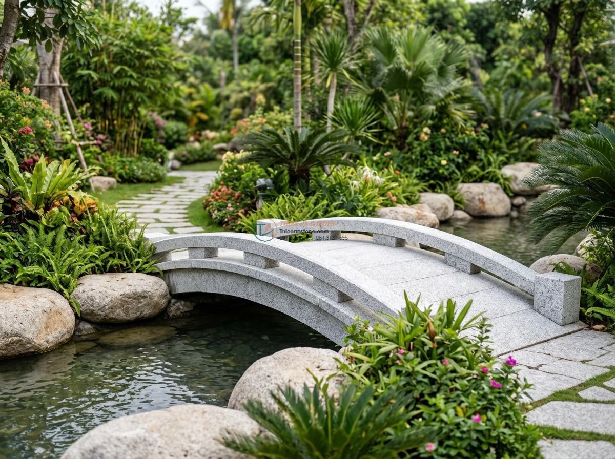 Cầu đá Granite trắng muối tiêu dáng thanh thoát: 180 x 70 x 15 cm.