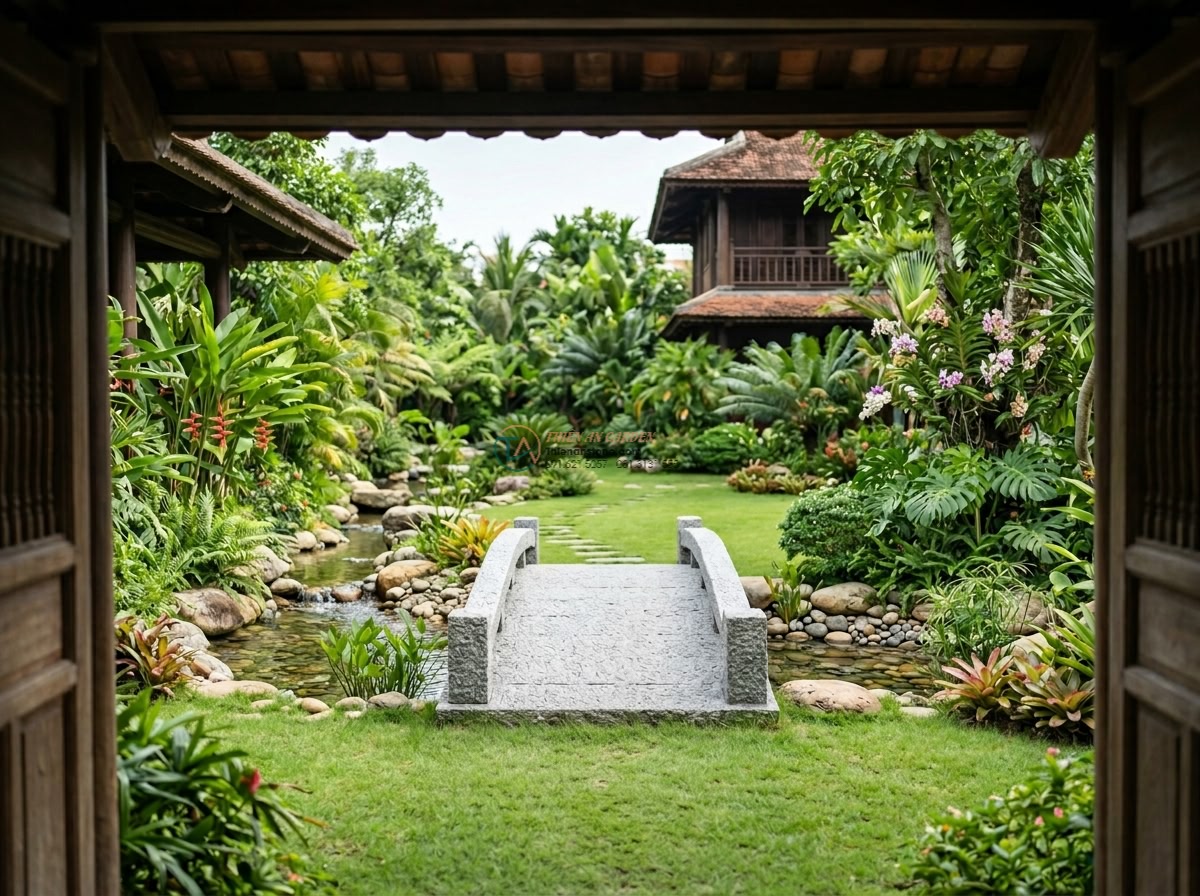 Cầu đá Granite trắng muối tiêu dáng thanh thoát: 180 x 70 x 15 cm.