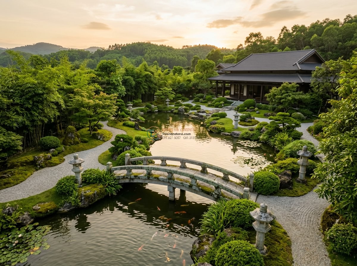 Cầu đá sa thạch dáng cong rêu phong phong cách Kyoto: 190 x 80 x 18 cm.
