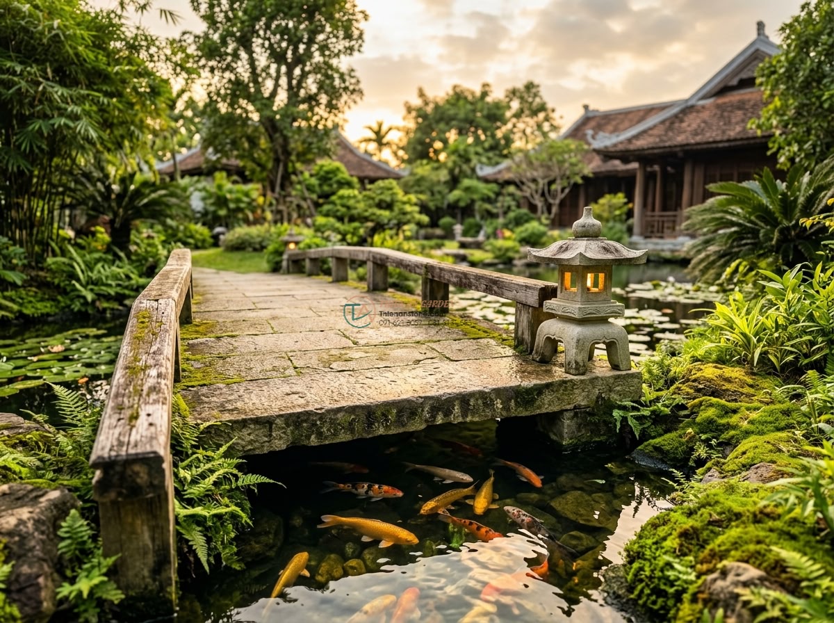 Cầu đá sa thạch dáng cong rêu phong phong cách Kyoto: 190 x 80 x 18 cm.