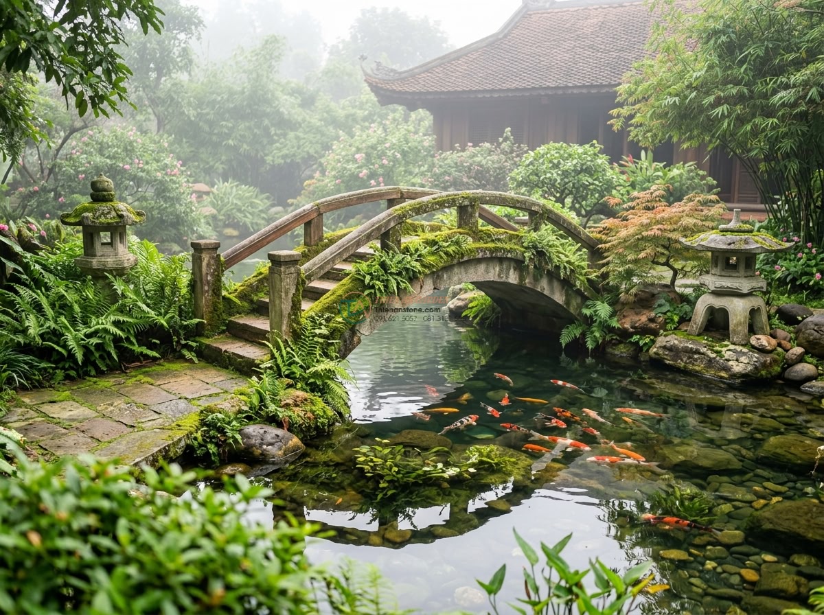 Cầu đá sa thạch dáng cong rêu phong phong cách Kyoto: 190 x 80 x 18 cm.