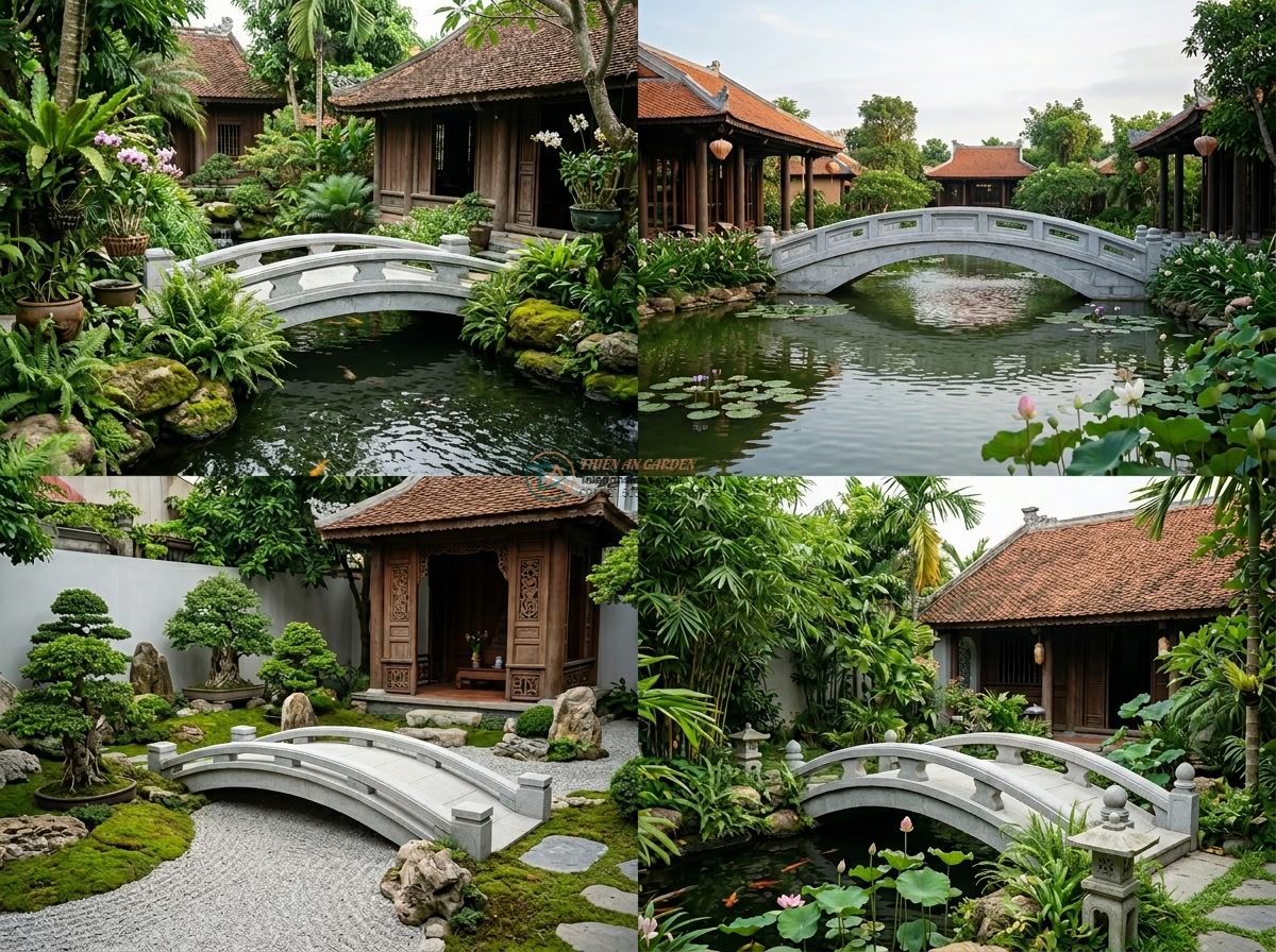 Cầu đá sa thạch dáng cong rêu phong phong cách Kyoto: 190 x 80 x 18 cm.