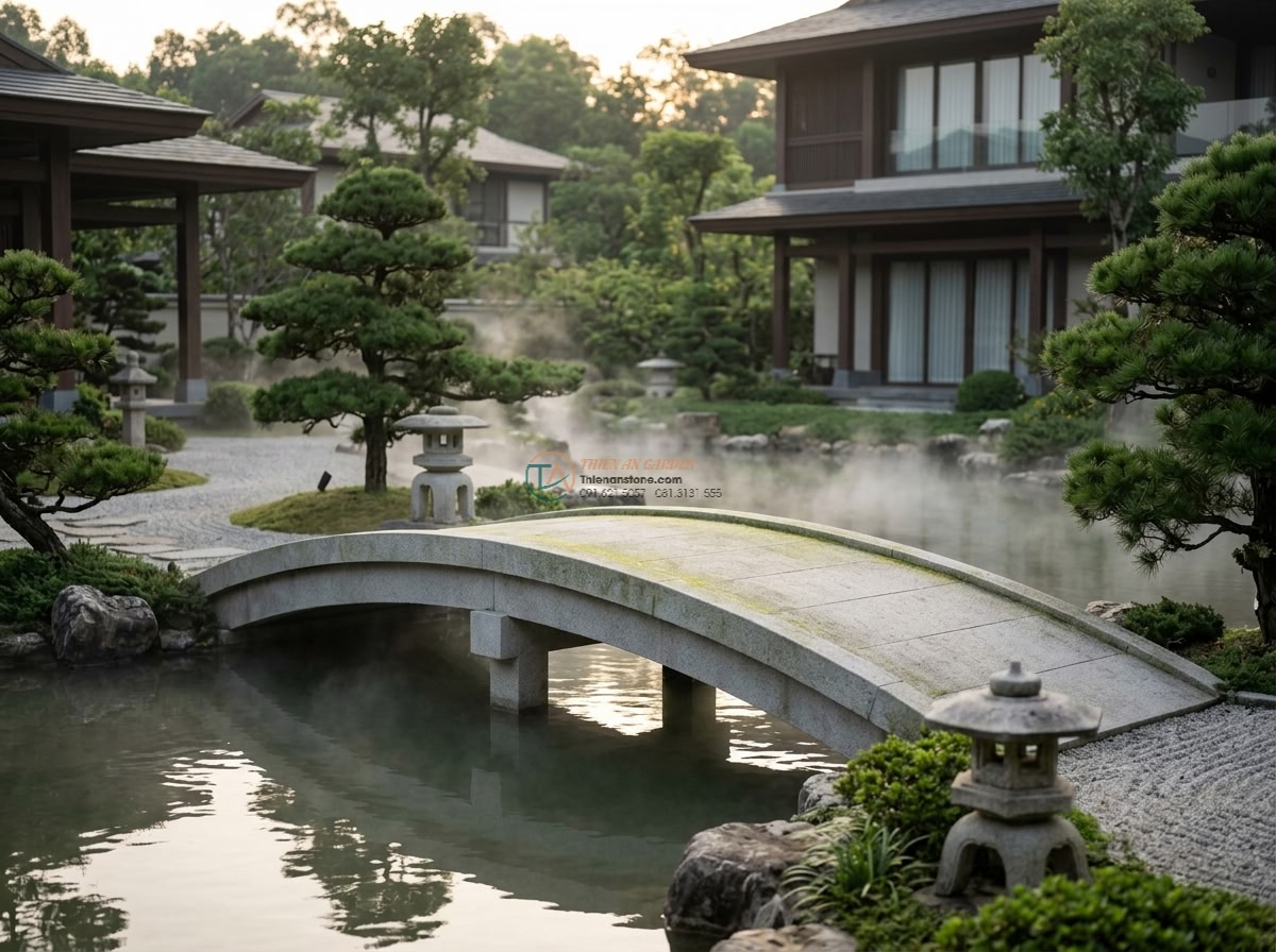 Cầu đá sa thạch dáng cong rêu phong phong cách Kyoto: 190 x 80 x 18 cm.