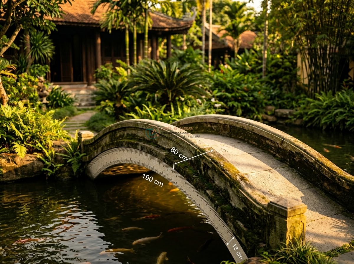 Cầu đá sa thạch dáng cong rêu phong phong cách Kyoto: 190 x 80 x 18 cm.
