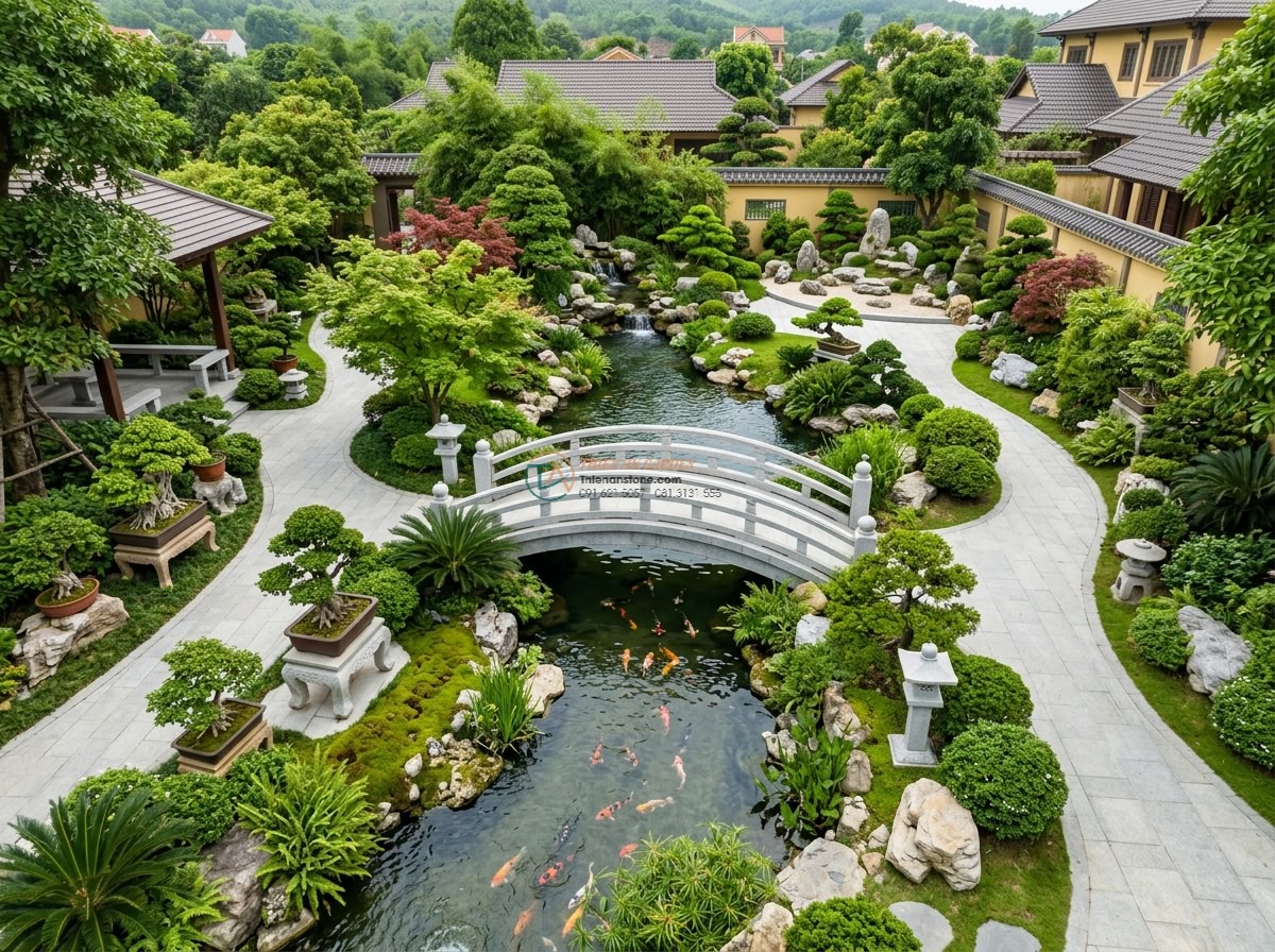 Cầu đá sa thạch dáng cong rêu phong phong cách Kyoto: 190 x 80 x 18 cm.