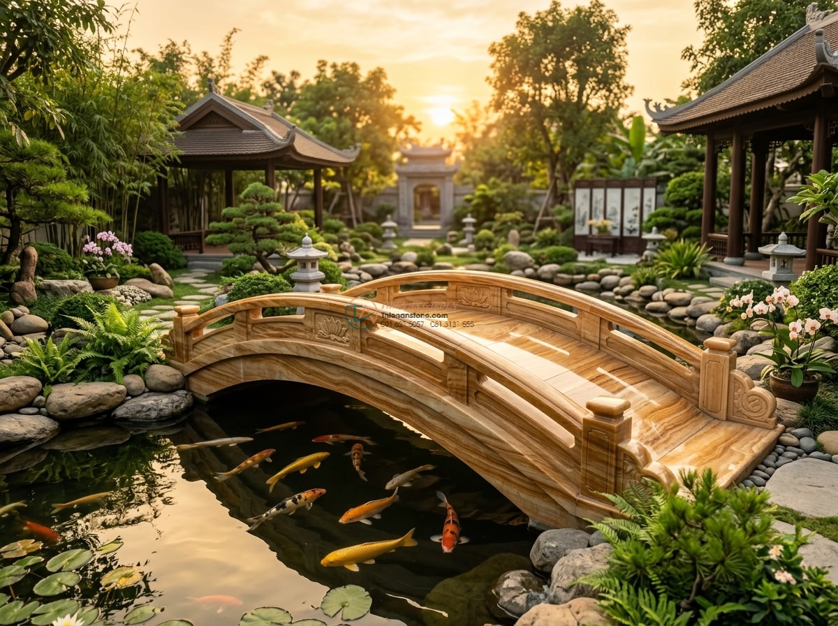 Cầu đá vàng vân gỗ giả cổ cho nhà vườn: 150 x 60 x 14 cm. - Hình 10 Cầu đá vàng vân gỗ giả cổ cho nhà vườn: 150 x 60 x 14 cm. - Artistic feng shui focused image of the yellow stone bridge with wood grain in a