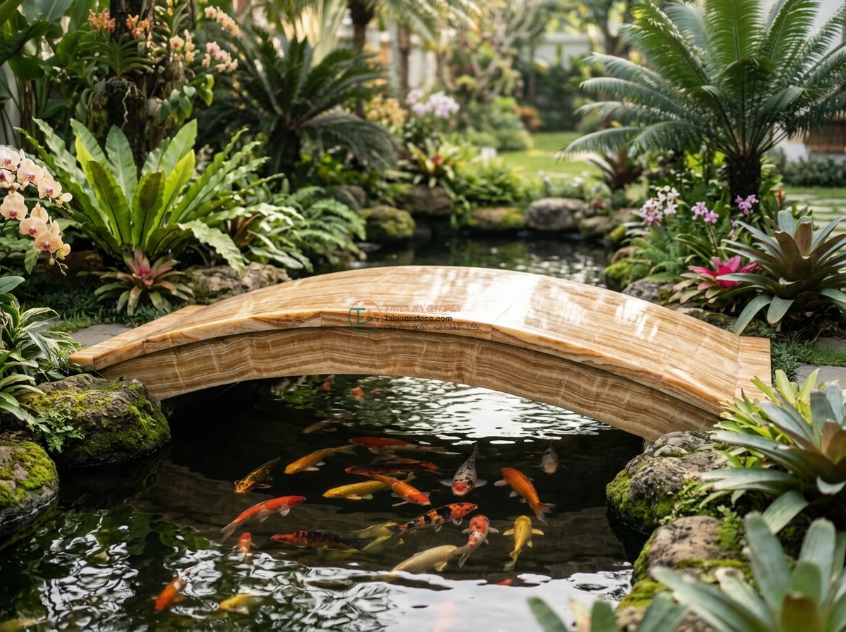 Cầu đá vàng vân gỗ giả cổ cho nhà vườn: 150 x 60 x 14 cm. - Hình 7 Cầu đá vàng vân gỗ giả cổ cho nhà vườn: 150 x 60 x 14 cm. - Serene scene of a yellow antique stone bridge 150x60x14cm spanning a beautiful k