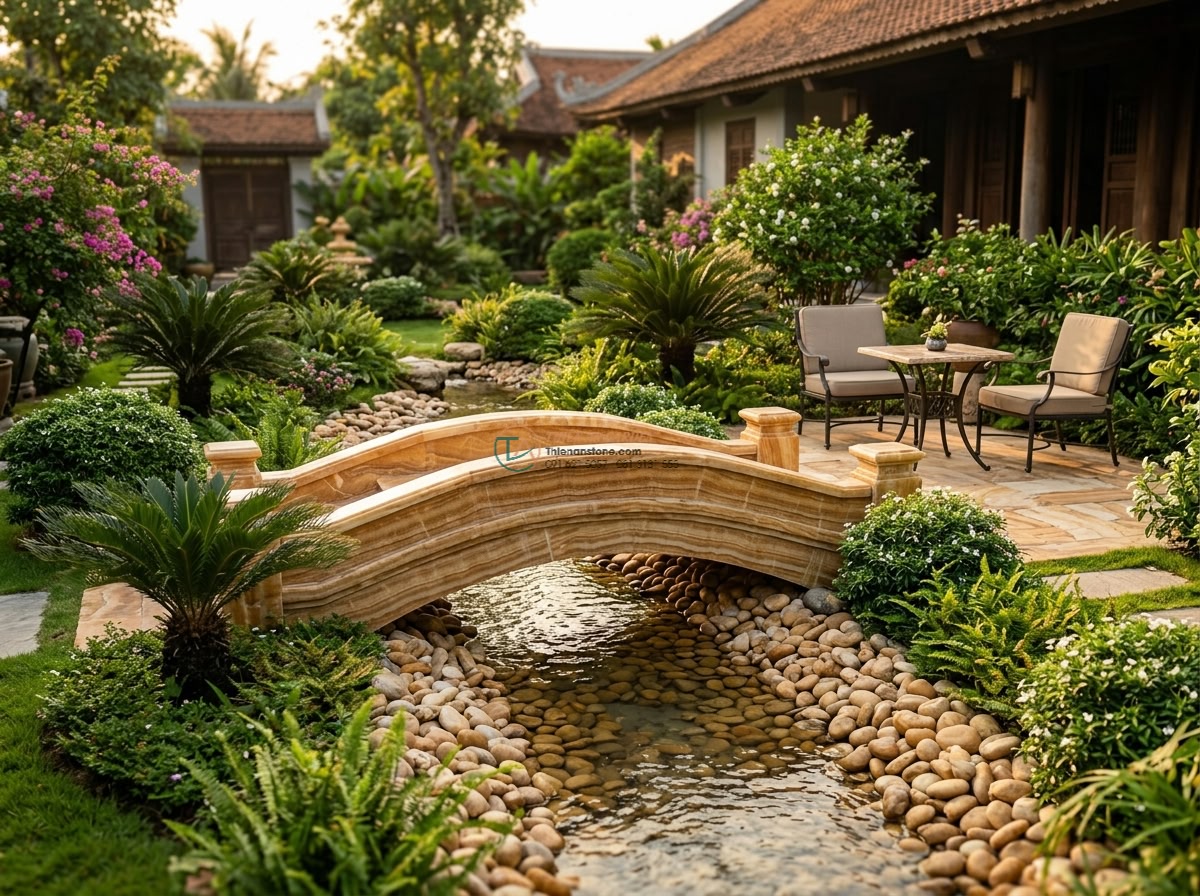 Cầu đá vàng vân gỗ giả cổ cho nhà vườn: 150 x 60 x 14 cm. - Hình 9 Cầu đá vàng vân gỗ giả cổ cho nhà vườn: 150 x 60 x 14 cm. - Beautiful private villa garden featuring the antique yellow stone bridge 150x60x