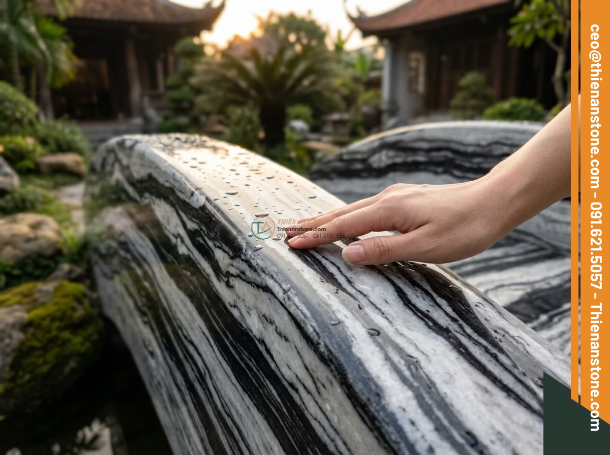 Cầu đôi đá Tuyết Sơn ghép nhịp nghệ thuật: 240 x 70 x 18 cm. - Hình 3 Cầu đôi đá Tuyết Sơn ghép nhịp nghệ thuật: 240 x 70 x 18 cm. - Emotional close-up of a person's hand gently caressing the ultra-smooth polished