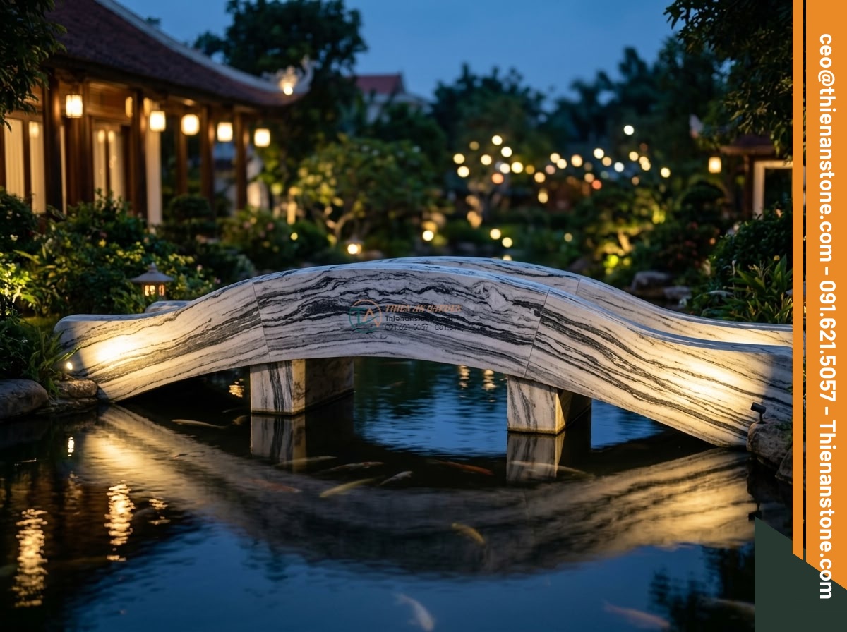 Cầu đôi đá Tuyết Sơn ghép nhịp nghệ thuật: 240 x 70 x 18 cm. - Hình 4 Cầu đôi đá Tuyết Sơn ghép nhịp nghệ thuật: 240 x 70 x 18 cm. - Stunning night scene of the artistic double white stone bridge illuminated by el