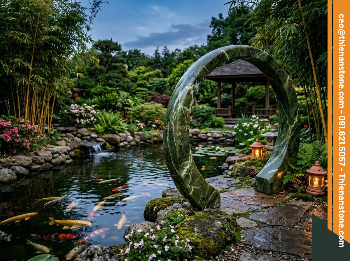 Cầu ngọc Serpentine xanh lục bảo dáng vòm trăng: 180 x 80 x 20 cm. - Hình 5 Cầu ngọc Serpentine xanh lục bảo dáng vòm trăng: 180 x 80 x 20 cm. - Serene garden scene at dusk featuring a green serpentine moon arch stone sculptu