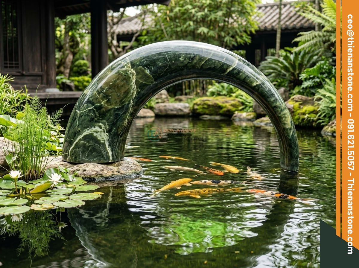 Cầu ngọc Serpentine xanh lục bảo dáng vòm trăng: 180 x 80 x 20 cm. - Hình 6 Cầu ngọc Serpentine xanh lục bảo dáng vòm trăng: 180 x 80 x 20 cm. - Beautiful integration of a green serpentine moon arch stone sculpture 180x80x20c