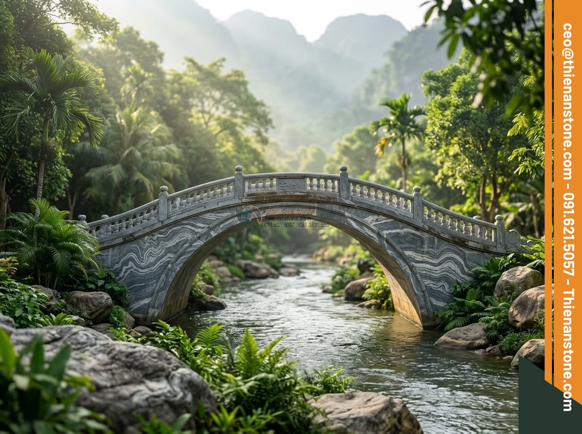 Cầu nhịp đơn đá vân mây trang trí non bộ: 100 x 40 x 10 cm. - Hình 13 Cầu nhịp đơn đá vân mây trang trí non bộ: 100 x 40 x 10 cm. - Symbolic image of the cloud-veined stone bridge in a non-bo setting with subtle