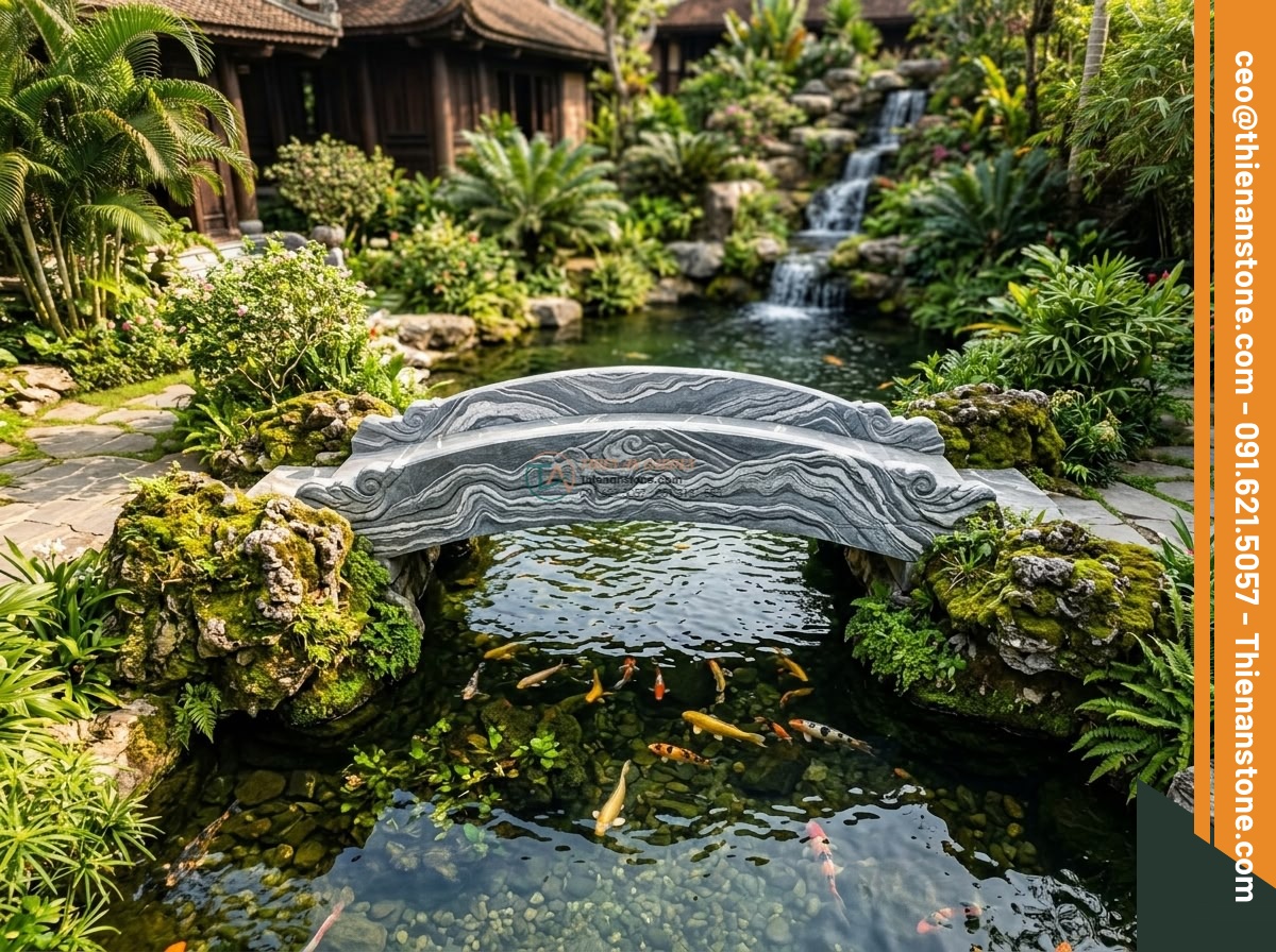 Cầu nhịp đơn đá vân mây trang trí non bộ: 100 x 40 x 10 cm. - Hình 3 Cầu nhịp đơn đá vân mây trang trí non bộ: 100 x 40 x 10 cm. - Aerial perspective view from slightly elevated angle showing the full non-bo com