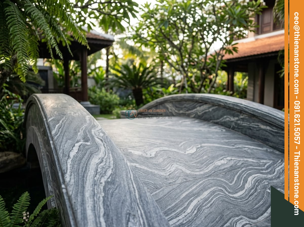 Cầu nhịp đơn đá vân mây trang trí non bộ: 100 x 40 x 10 cm. - Hình 7 Cầu nhịp đơn đá vân mây trang trí non bộ: 100 x 40 x 10 cm. - Realistic lifestyle image of a person gently touching the surface of the cloud-v