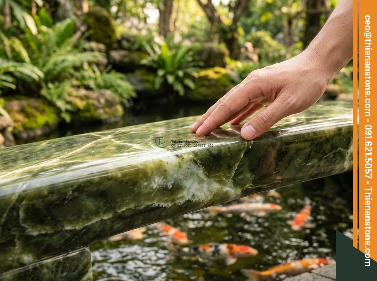 Cầu nhỏ trang trí hồ Koi đá ngọc Serpentine: 120 x 50 x 12 cm. - Hình 3 Cầu nhỏ trang trí hồ Koi đá ngọc Serpentine: 120 x 50 x 12 cm. - Human hand gently touching the smooth polished surface of a serpentine jade deco