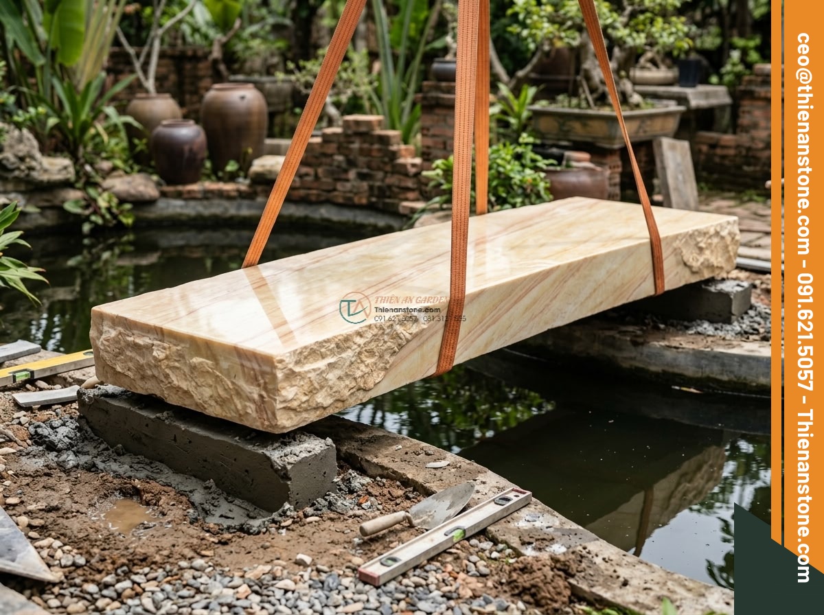 Cầu phẳng đá vàng cà rốt xẻ cạnh tự nhiên: 180 x 75 x 16 cm. - Hình 11 Cầu phẳng đá vàng cà rốt xẻ cạnh tự nhiên: 180 x 75 x 16 cm. - Professional installation team from Da Canh Thien An carefully placing the 180cm
