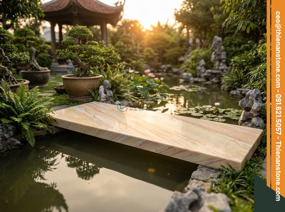 Cầu phẳng đá vàng cà rốt xẻ cạnh tự nhiên: 180 x 75 x 16 cm. - Hình 12 Cầu phẳng đá vàng cà rốt xẻ cạnh tự nhiên: 180 x 75 x 16 cm. - Final inspirational image of the completed natural carrot yellow stone flat brid