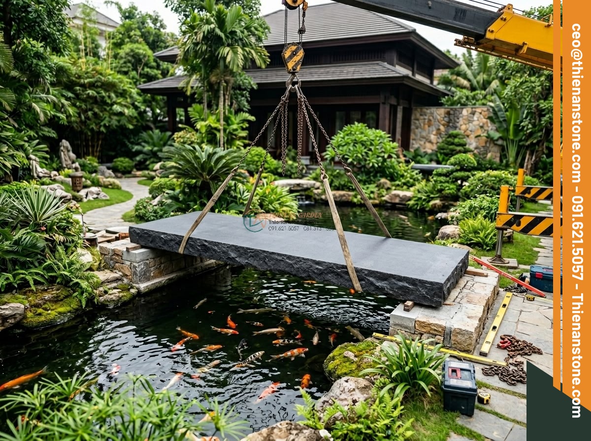 Cầu phẳng Granite đen kim sa bản rộng: 220 x 100 x 20 cm. - Hình 6 Cầu phẳng Granite đen kim sa bản rộng: 220 x 100 x 20 cm. - Professional team from Da Canh Thien An installing a wide flat black granite bri