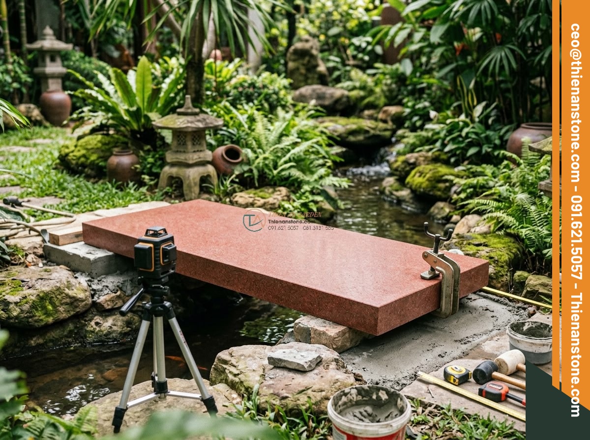 Cầu phiến đá Granite đỏ Bình Định xẻ thô: 140 x 60 x 12 cm.