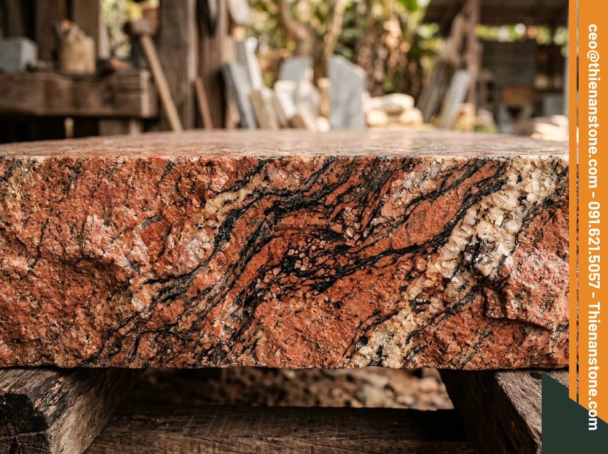 Cầu phiến đá Granite đỏ Bình Định xẻ thô: 140 x 60 x 12 cm.