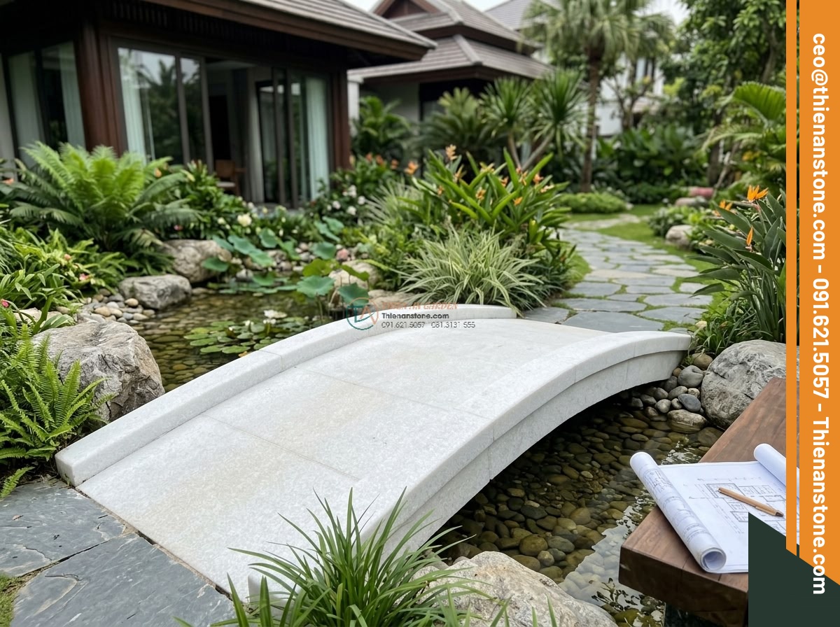 Cầu phiến phẳng đá trắng muối mài bóng bề mặt: 200 x 85 x 20 cm. - Hình 10 Cầu phiến phẳng đá trắng muối mài bóng bề mặt: 200 x 85 x 20 cm. - Expert landscape designer from Da Canh Thien An consulting with clients beside a