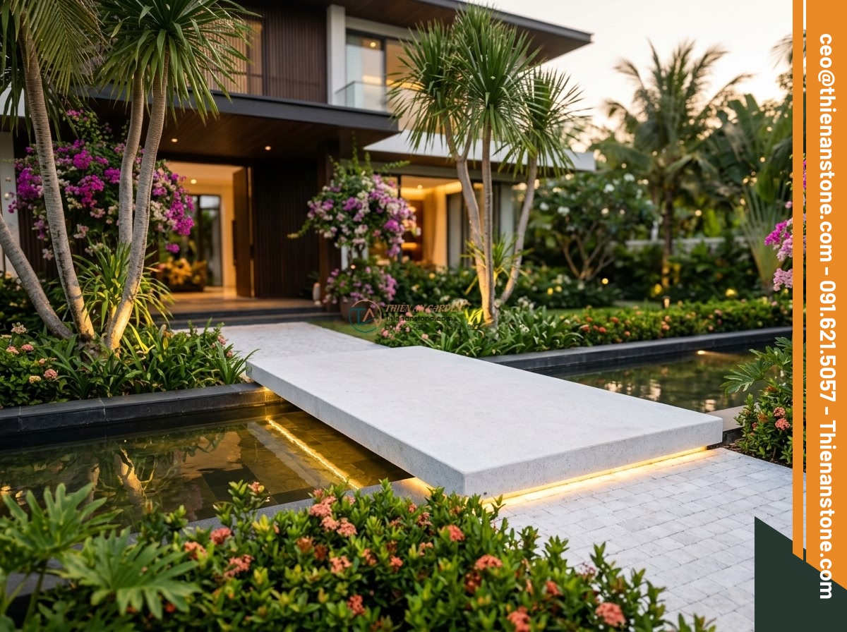 Cầu phiến phẳng đá trắng muối mài bóng bề mặt: 200 x 85 x 20 cm. - Hình 5 Cầu phiến phẳng đá trắng muối mài bóng bề mặt: 200 x 85 x 20 cm. - Luxury modern villa entrance garden featuring a white salt stone flat bridge as