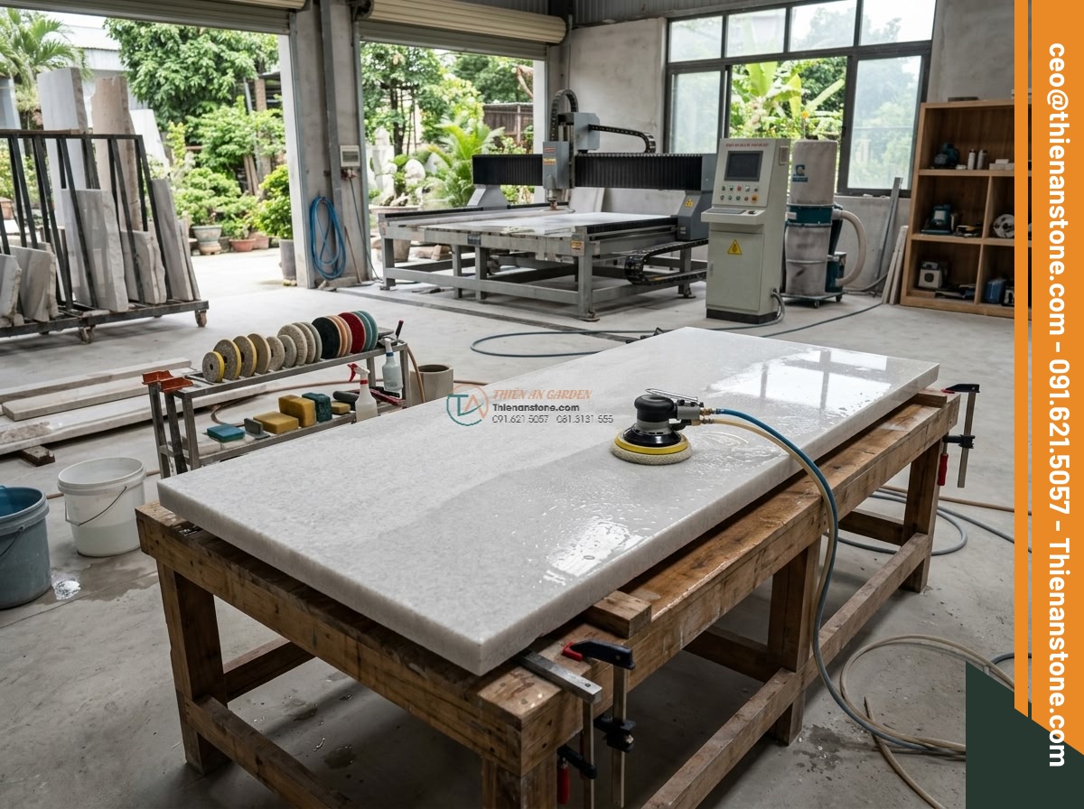 Cầu phiến phẳng đá trắng muối mài bóng bề mặt: 200 x 85 x 20 cm. - Hình 8 Cầu phiến phẳng đá trắng muối mài bóng bề mặt: 200 x 85 x 20 cm. - Professional workshop scene showing skilled artisans polishing a large white sal