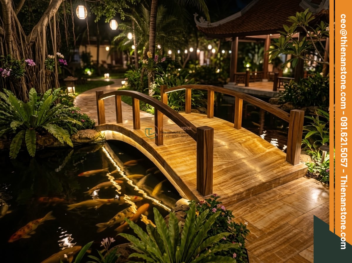 Cầu phiến thẳng đá vàng vân gỗ vân dọc tinh tế: 190 x 75 x 18 cm.